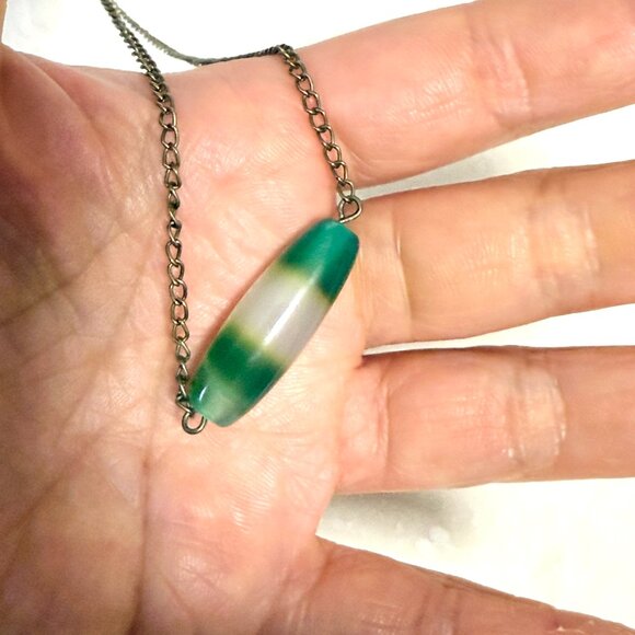 2/$20, Green Agate Short Necklace, Large Gemstone Bar Pendant & Bronze Chain - Picture 10 of 11